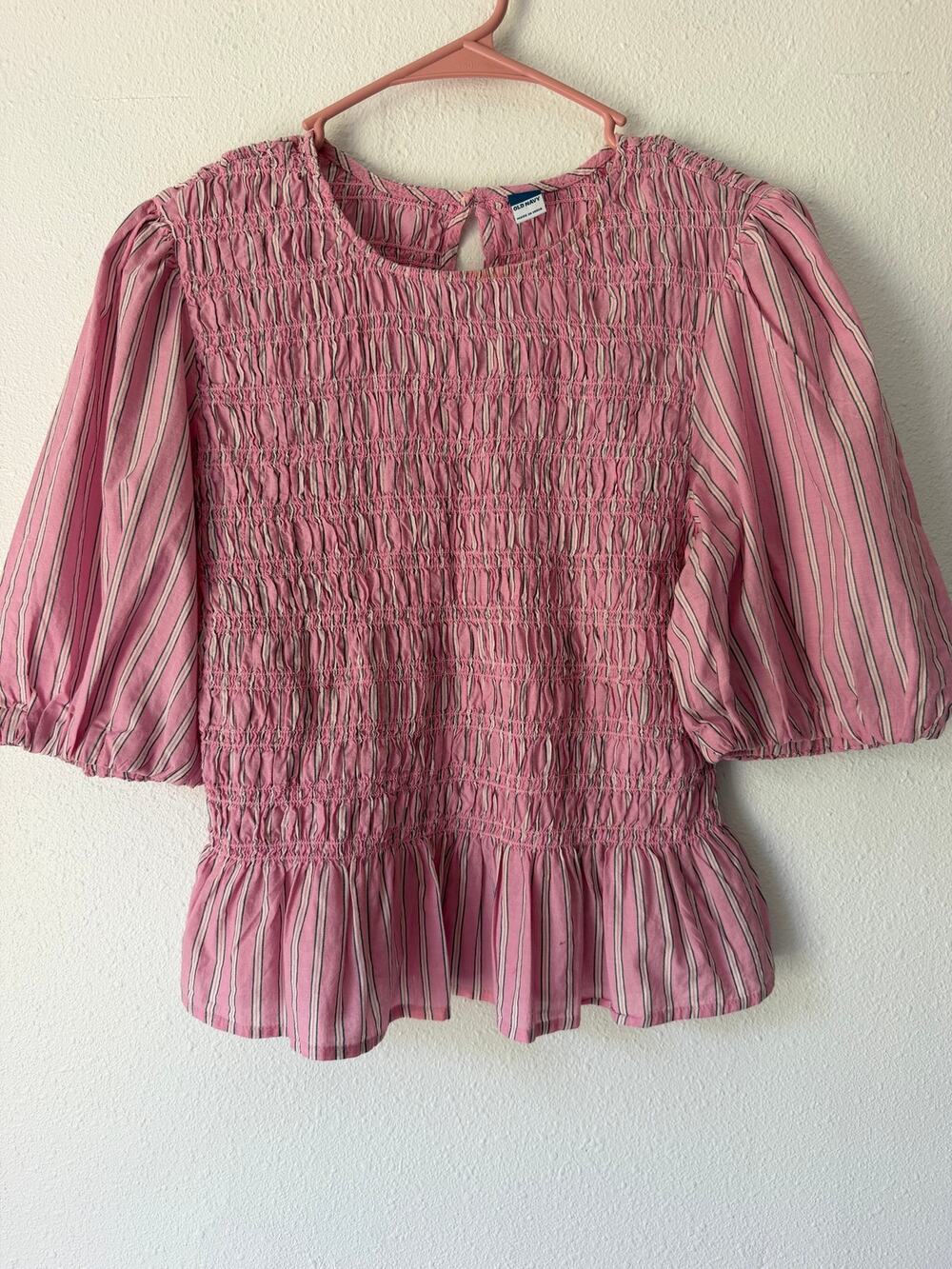 Pink White Striped Ruched Torso Boho Cottagecore Peasant Top Size Medium